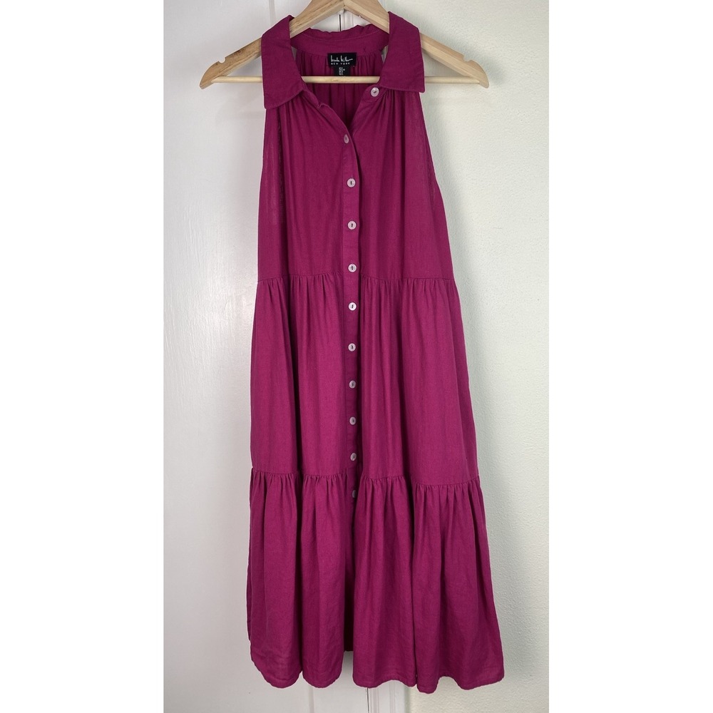 Nicole Miller New York Women L Magenta Tiered Sleeveless Linen Blend Shift Dress
